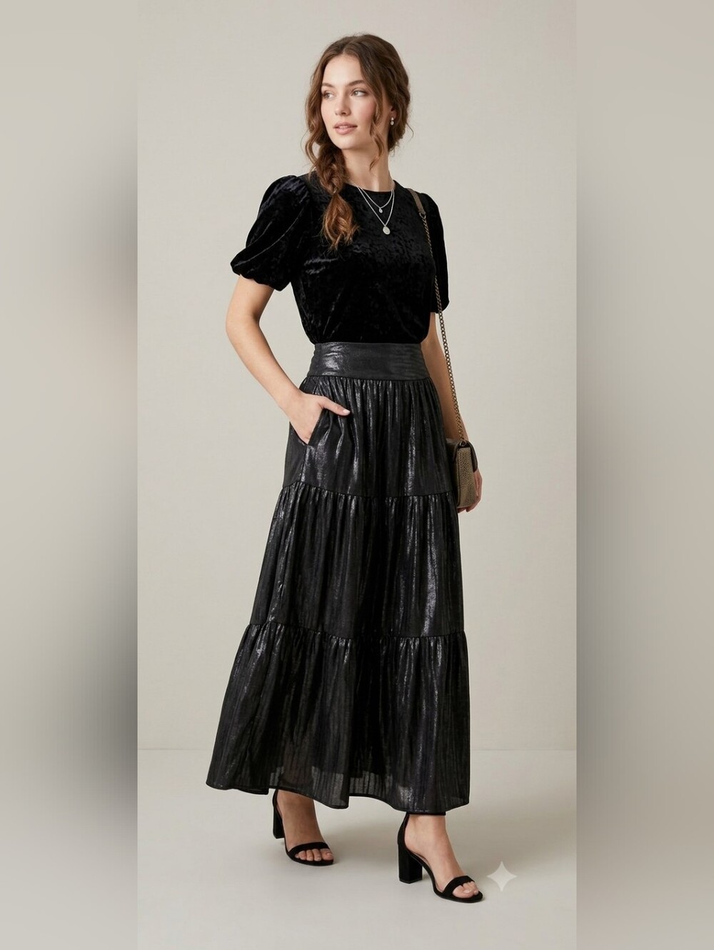 MELLODAY Romantic Black Tiered Maxi Skirt With Metallic Accent With Pockets